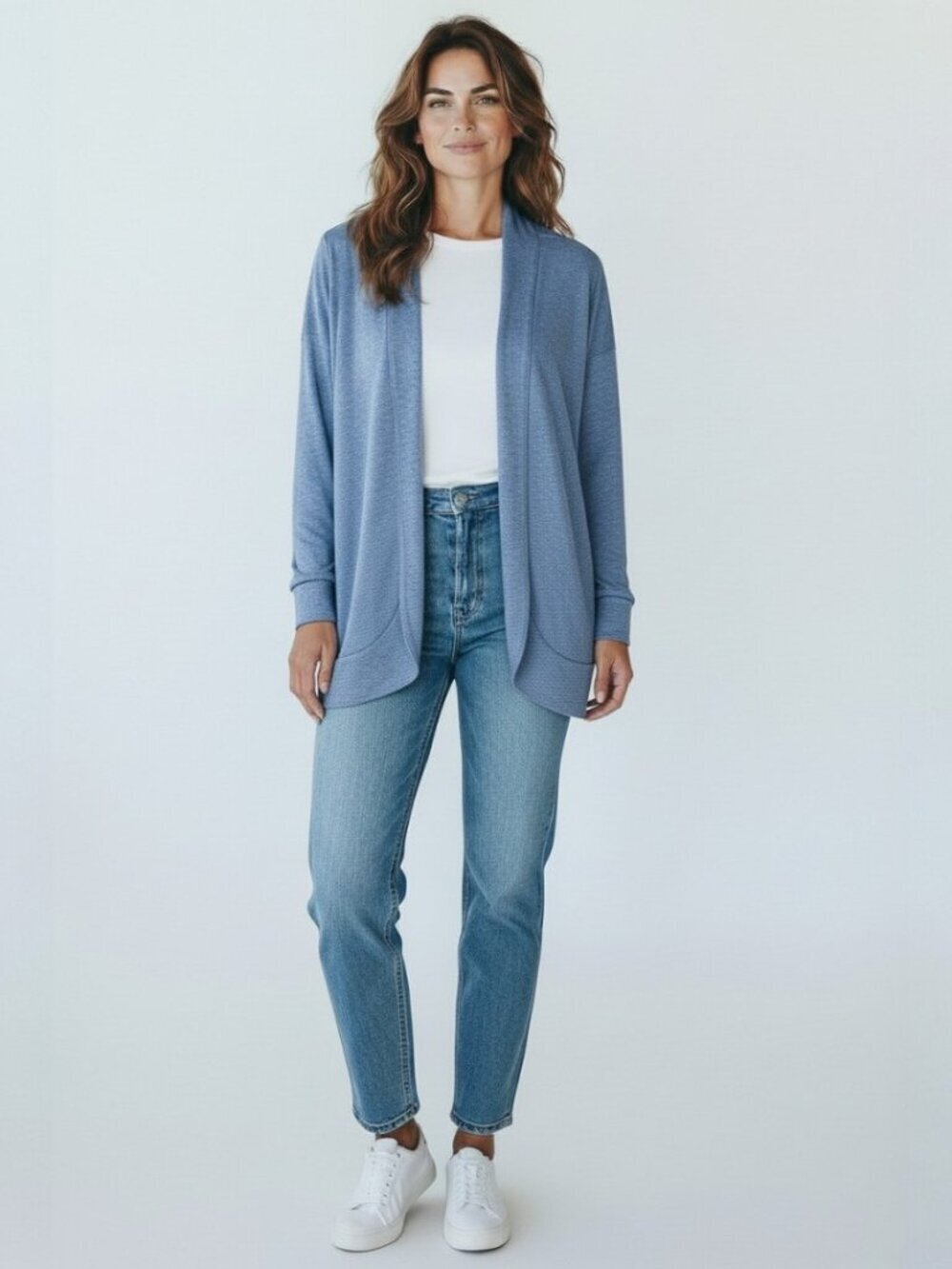 TALBOTS Women's Blue Heathered Cotton Blend Knit Open Cardigan Jacket Sz L EUC